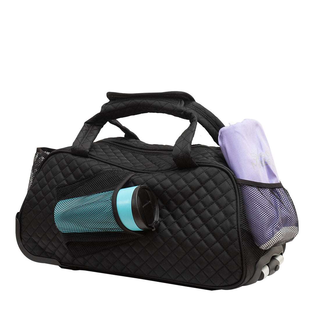 black yoga bag with wheels handle and pockets